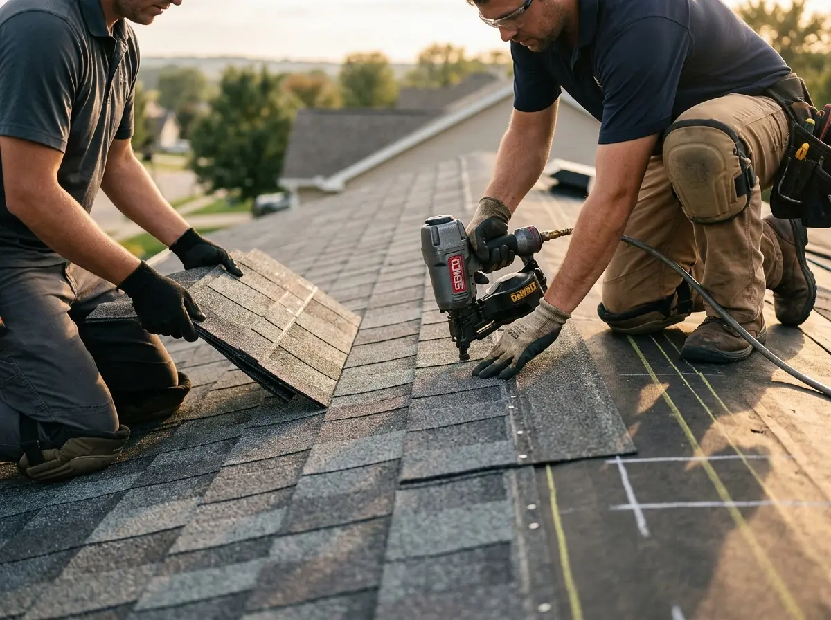 Professional roofer working on a residential roof in Bon Air